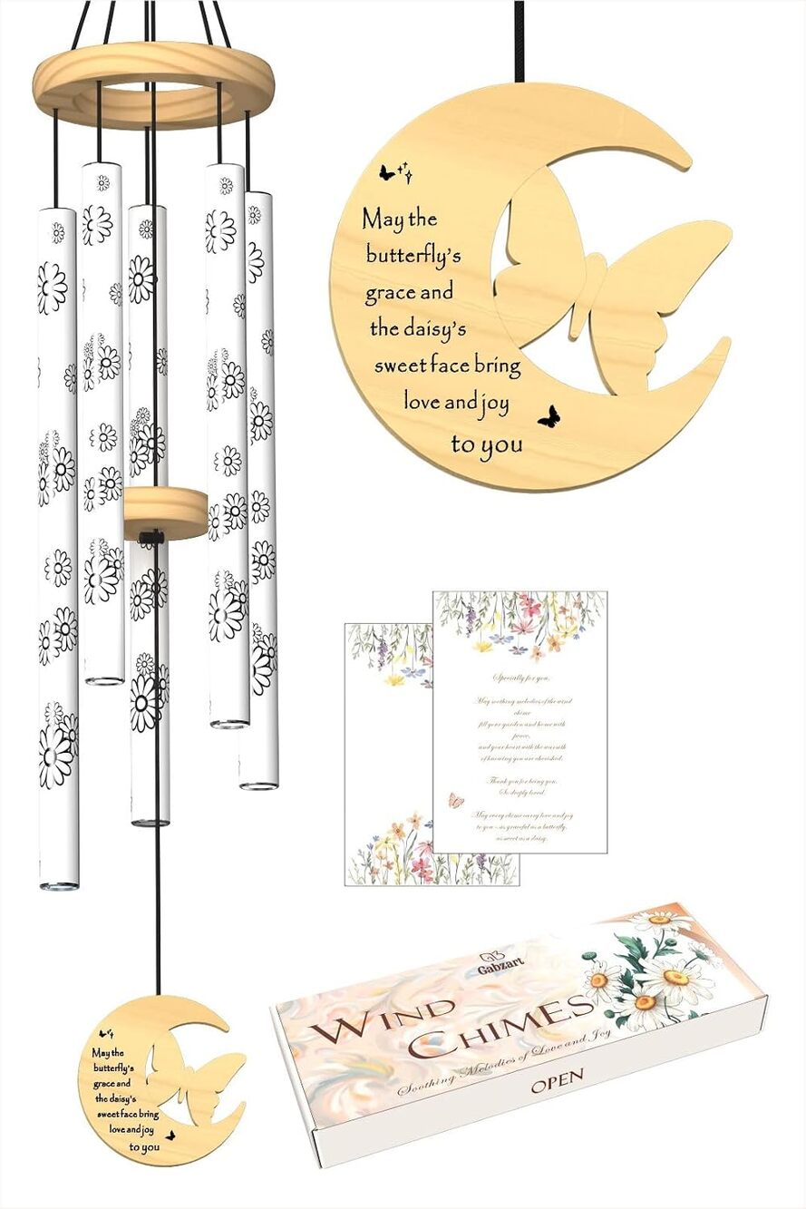 Gabzart 32" Daisy Wind Chime Butterfly Pendant White Outdoor Hanging Decor New